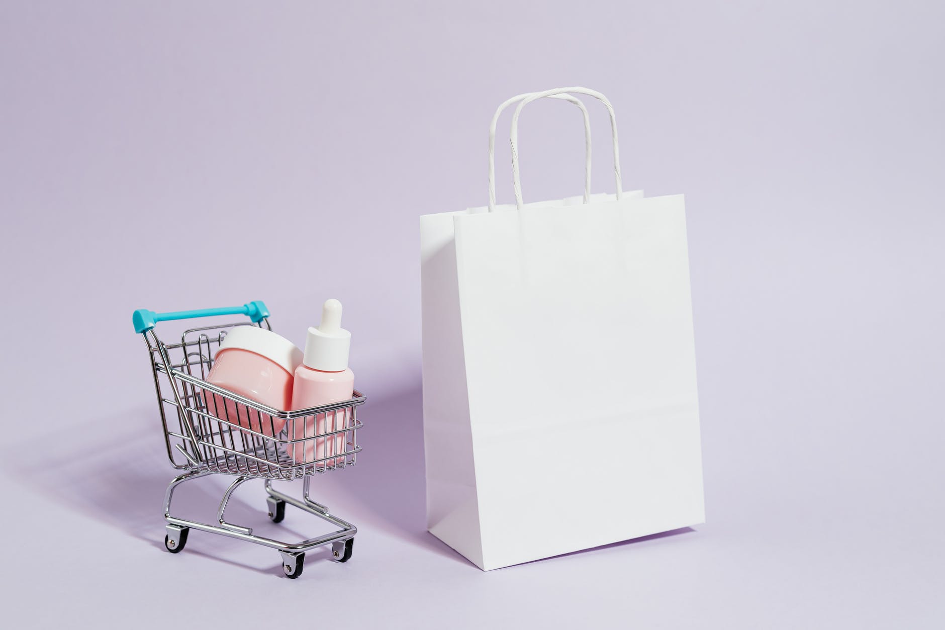 shopping cart next to a white paper bag